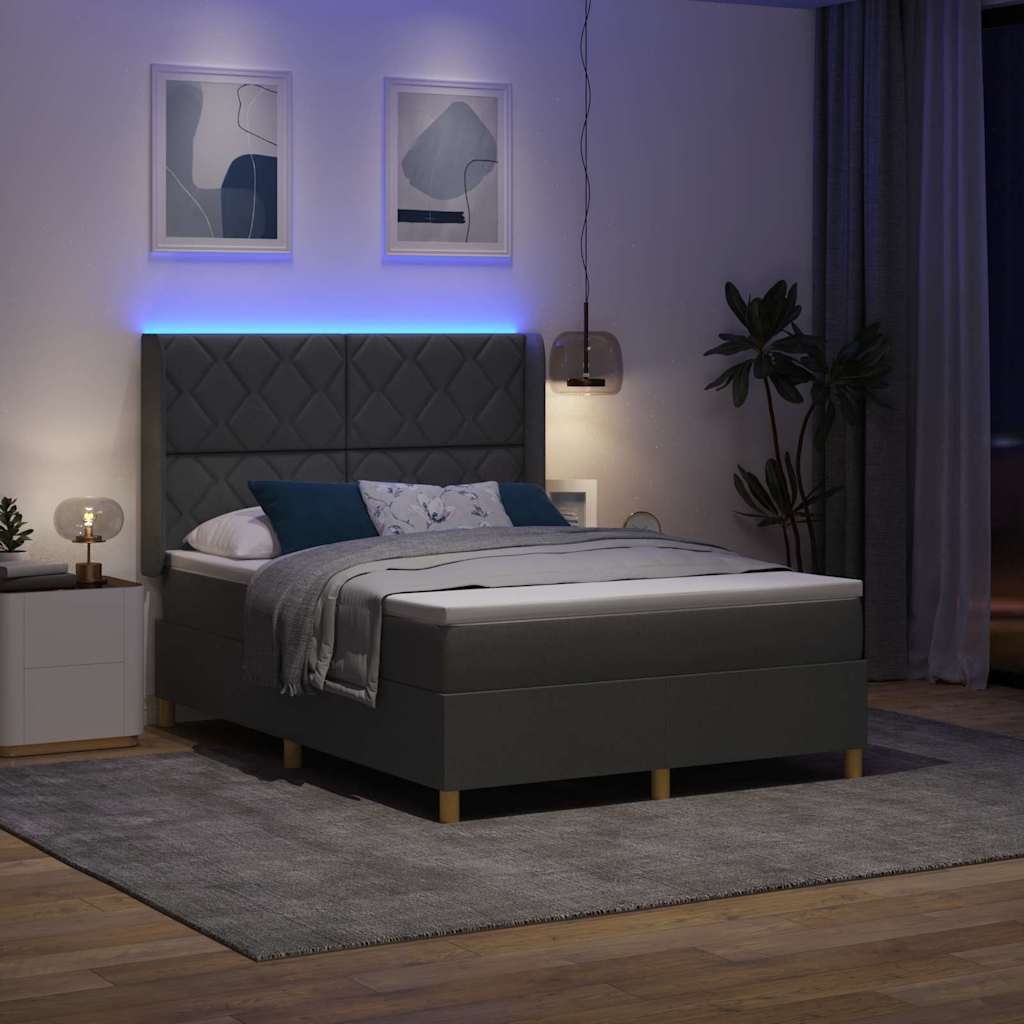 Boxrugós ágy LED szalagokkal Szürke 160 x 200 cm szövet