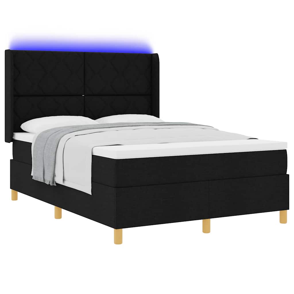 Boxrugós ágy LED szalagokkal Fekete 160 x 200 cm szövet