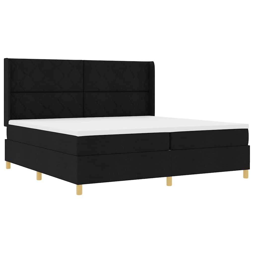 Boxrugós ágy LED szalagokkal Fekete 200 x 200 cm szövet