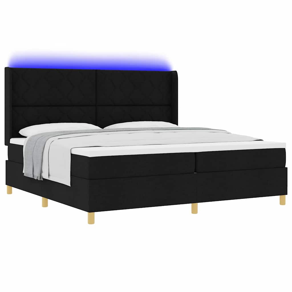 Boxrugós ágy LED szalagokkal Fekete 200 x 200 cm szövet