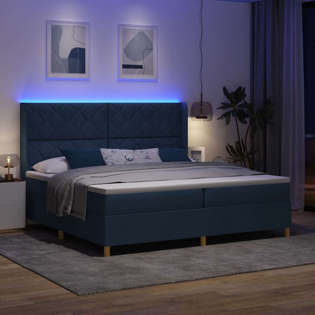 Boxrugós ágy LED szalagokkal Kék 200 x 200 cm szövet
