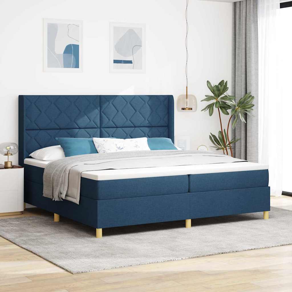 Boxrugós ágy matracmal leddel Kék 200 x 200 cm szövet
