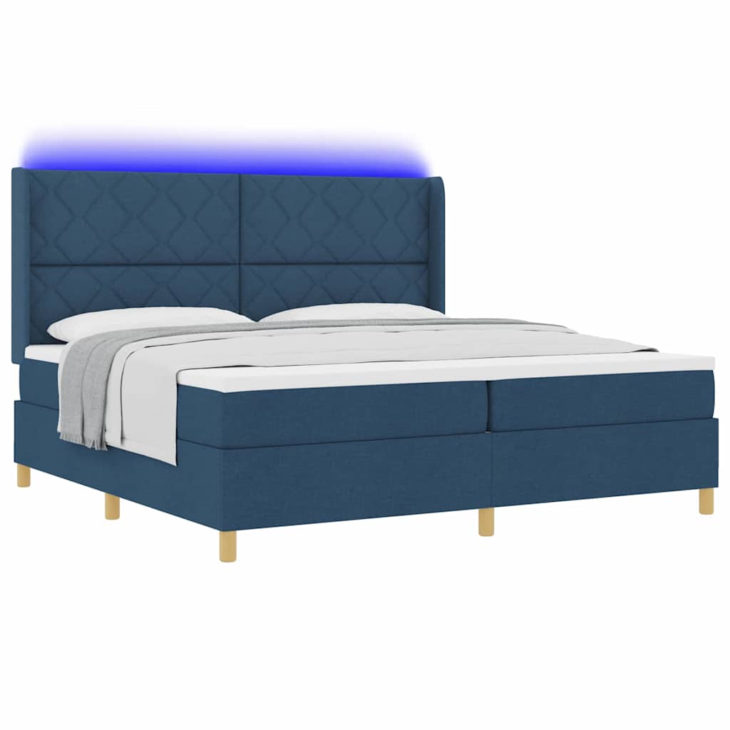 Boxrugós ágy LED szalagokkal Kék 200 x 200 cm szövet