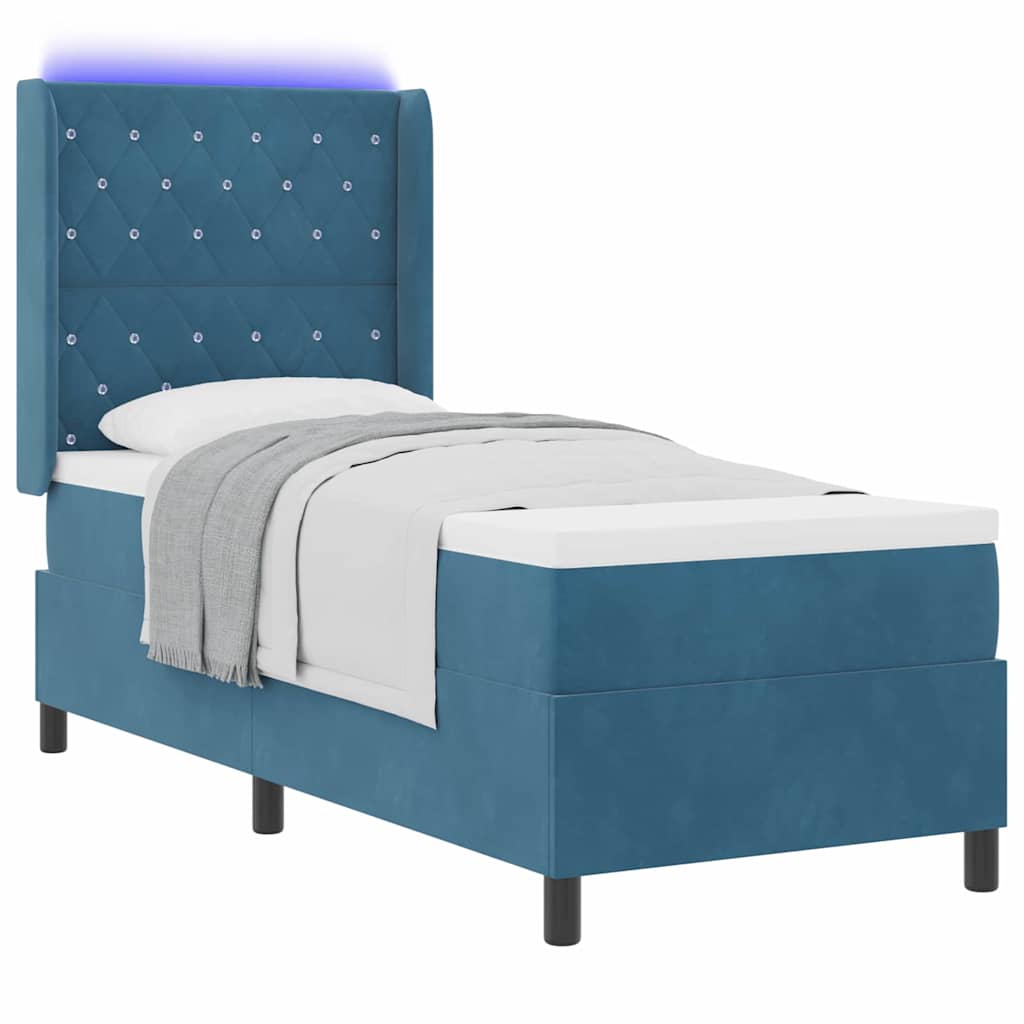 Boxrugós ágy matracmal leddel Kék 80 x 200 cm Bársony