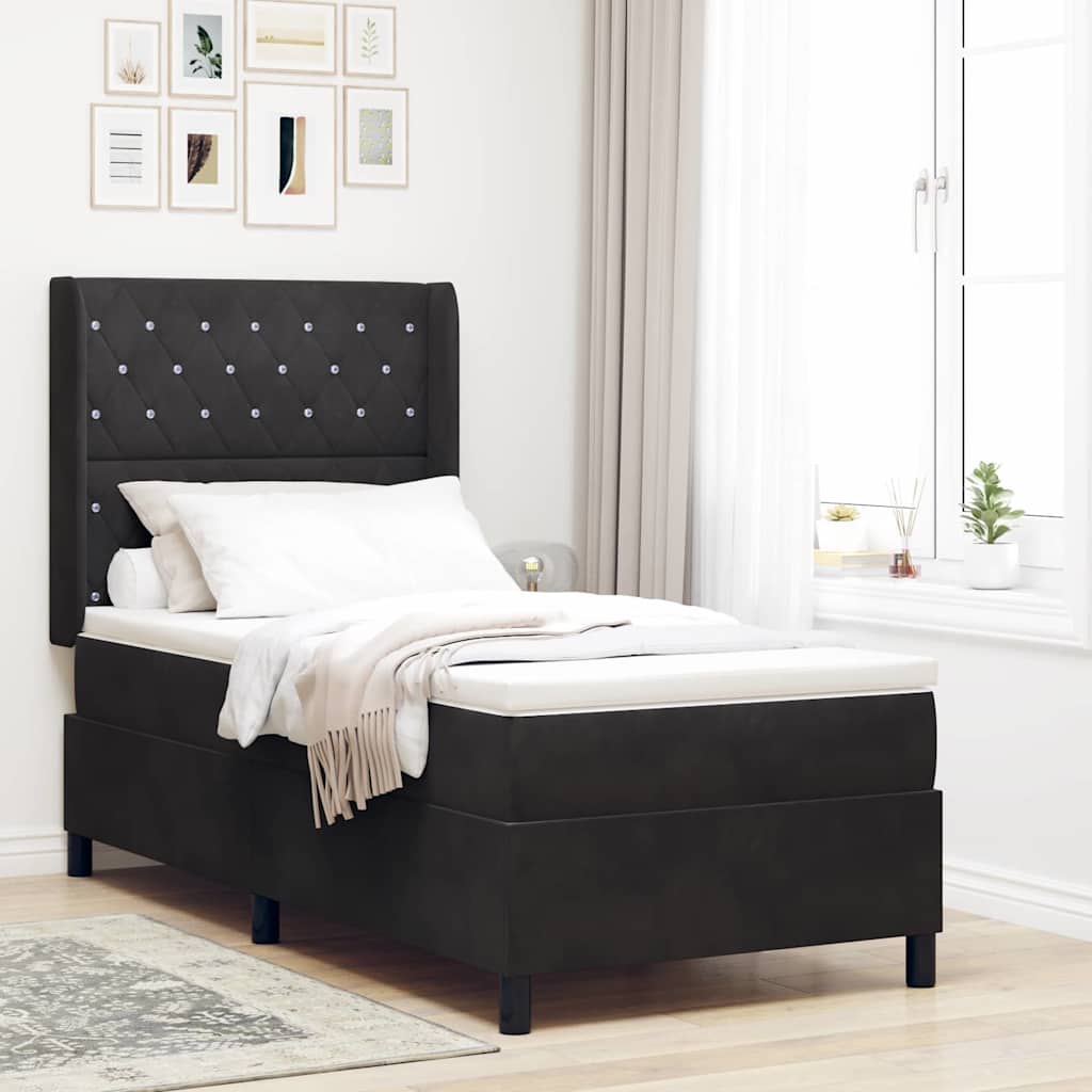 Boxrugós ágy matracmal leddel Fekete 90 x 190 cm Bársony