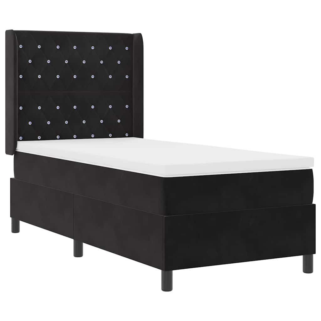 Boxrugós ágy matracmal leddel Fekete 90 x 190 cm Bársony