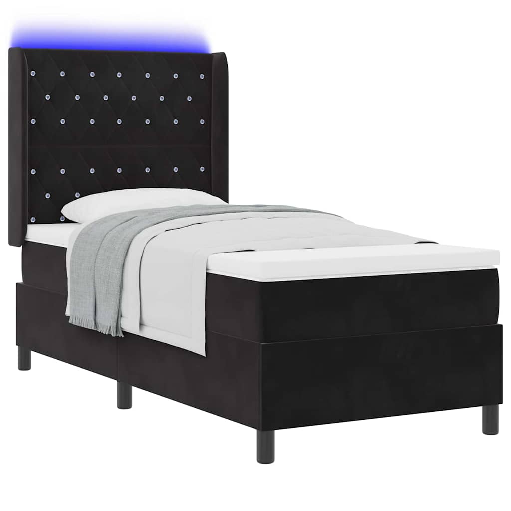 Boxrugós ágy matracmal leddel Fekete 90 x 190 cm Bársony