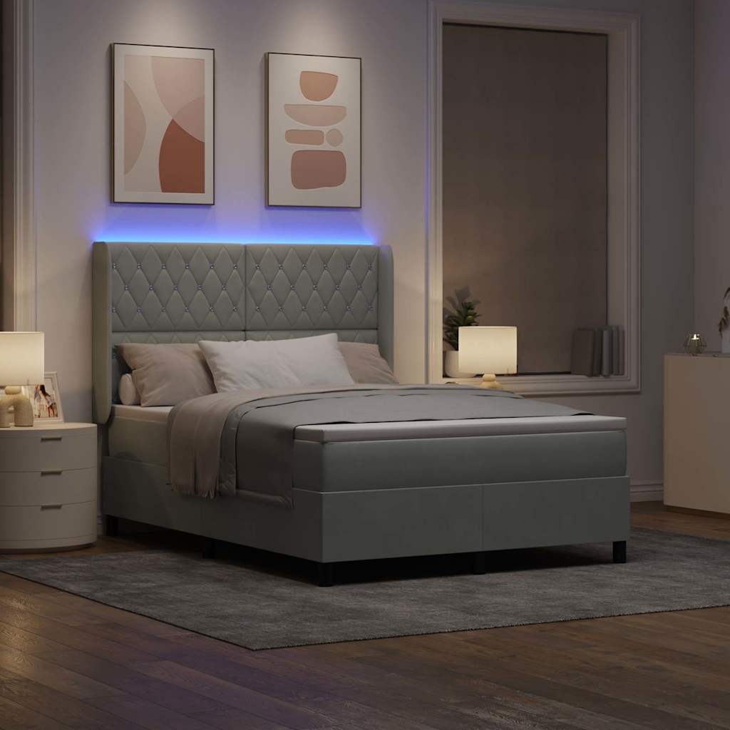 Boxrugós ágy LED szalagokkal Világosszürke 140 x 190 cm Bársony