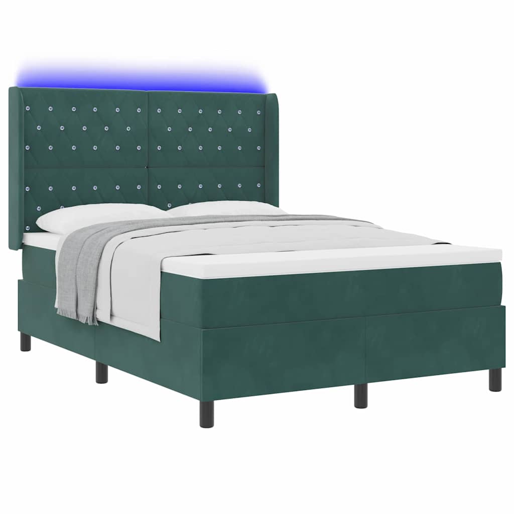 Boxrugós ágy LED szalagokkal Zöld 140 x 190 cm Bársony