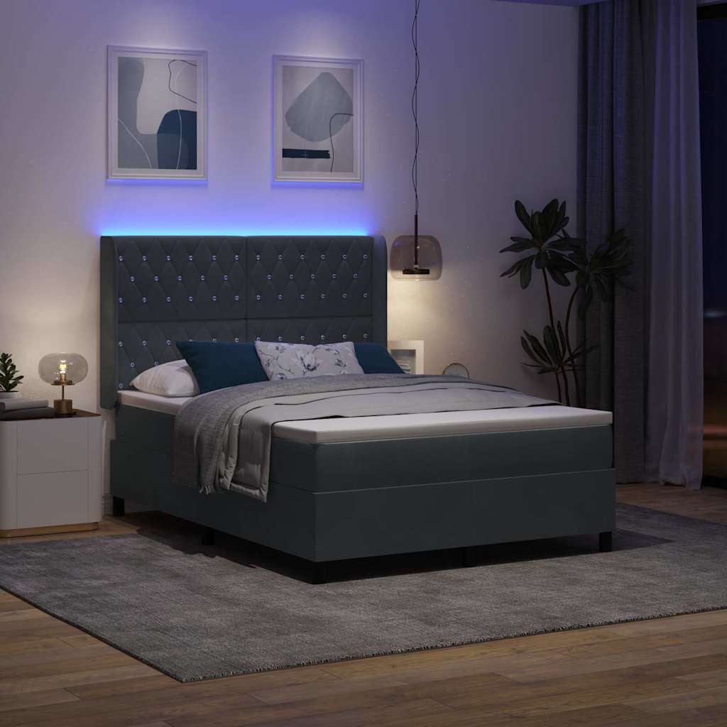 Boxrugós ágy LED szalagokkal Sötétszürke 140 x 200 cm Bársony