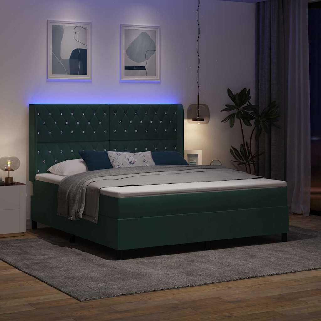Boxrugós ágy matracmal leddel Sötétzöld 180 x 200 cm Bársony