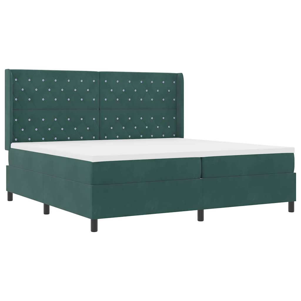 Boxrugós ágy matracmal leddel Sötétzöld 200 x 200 cm Bársony