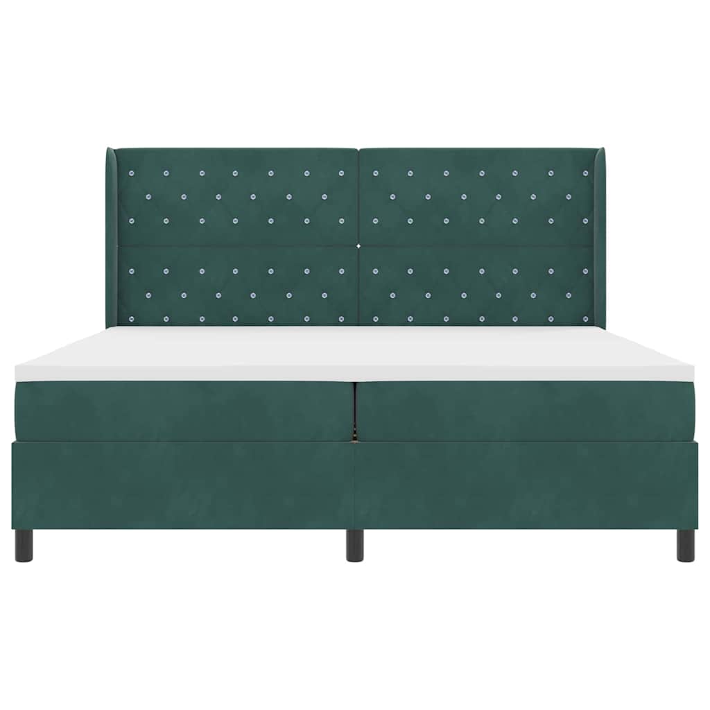 Boxrugós ágy matracmal leddel Sötétzöld 200 x 200 cm Bársony
