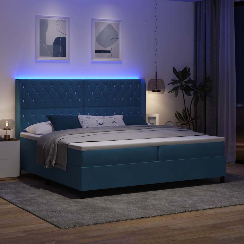 Boxrugós ágy matracmal leddel Kék 200 x 200 cm Bársony