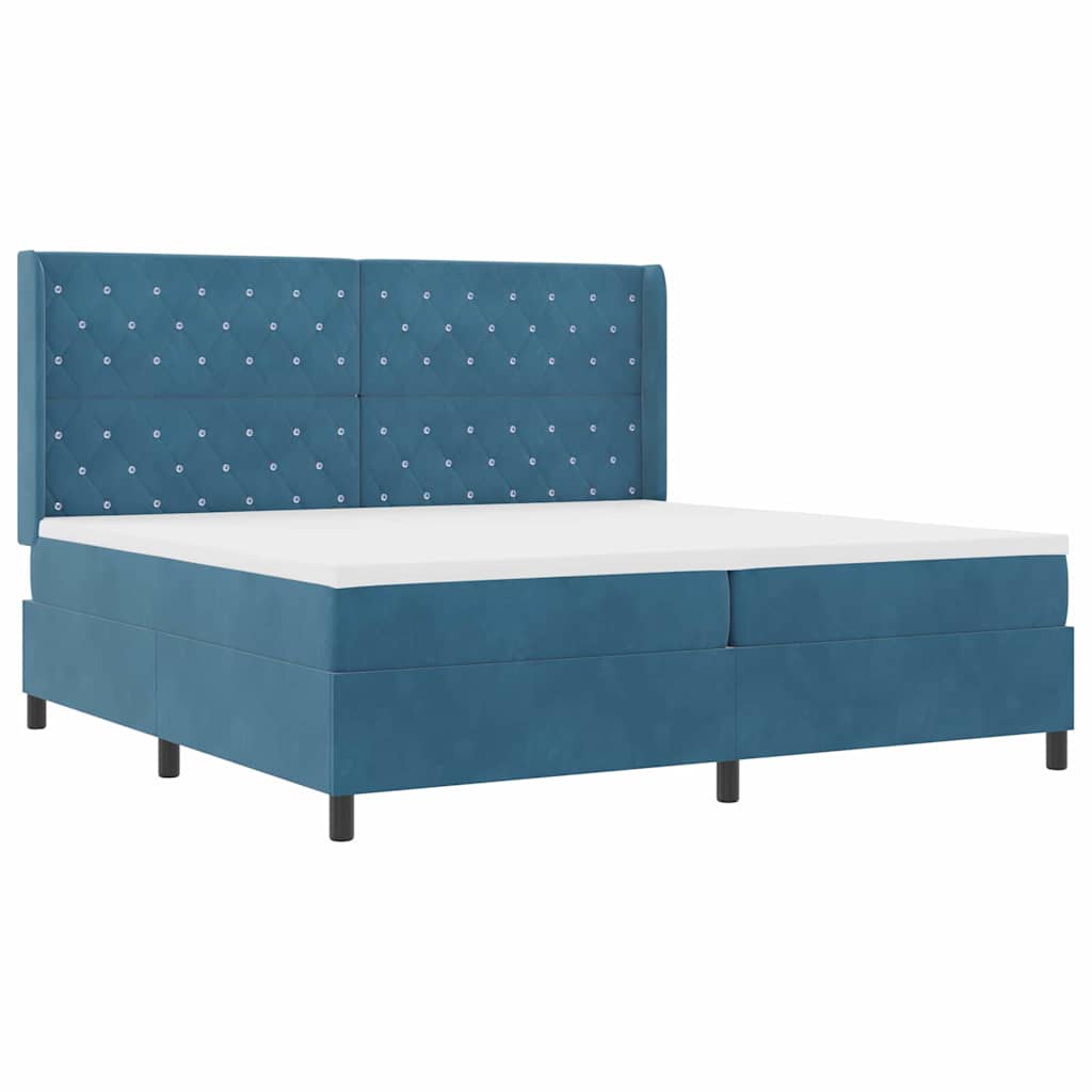 Boxrugós ágy matracmal leddel Kék 200 x 200 cm Bársony