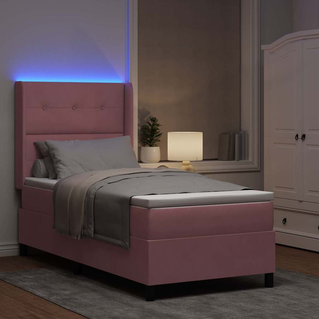 Boxrugós ágy LED szalagokkal Rózsaszín 90 x 190 cm Bársony