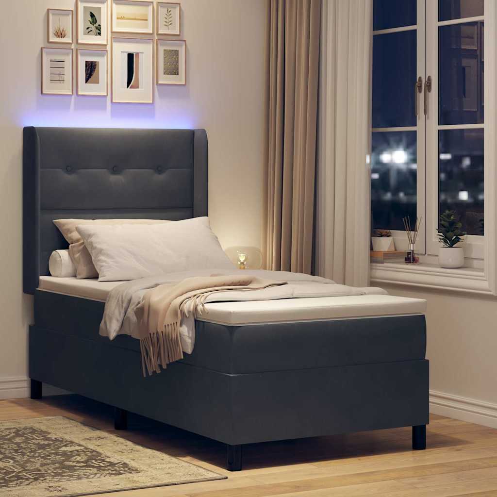 Boxrugós ágy LED szalagokkal Sötétszürke 90 x 200 cm Bársony