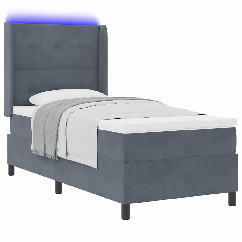 Boxrugós ágy LED szalagokkal Sötétszürke 100 x 200 cm Bársony