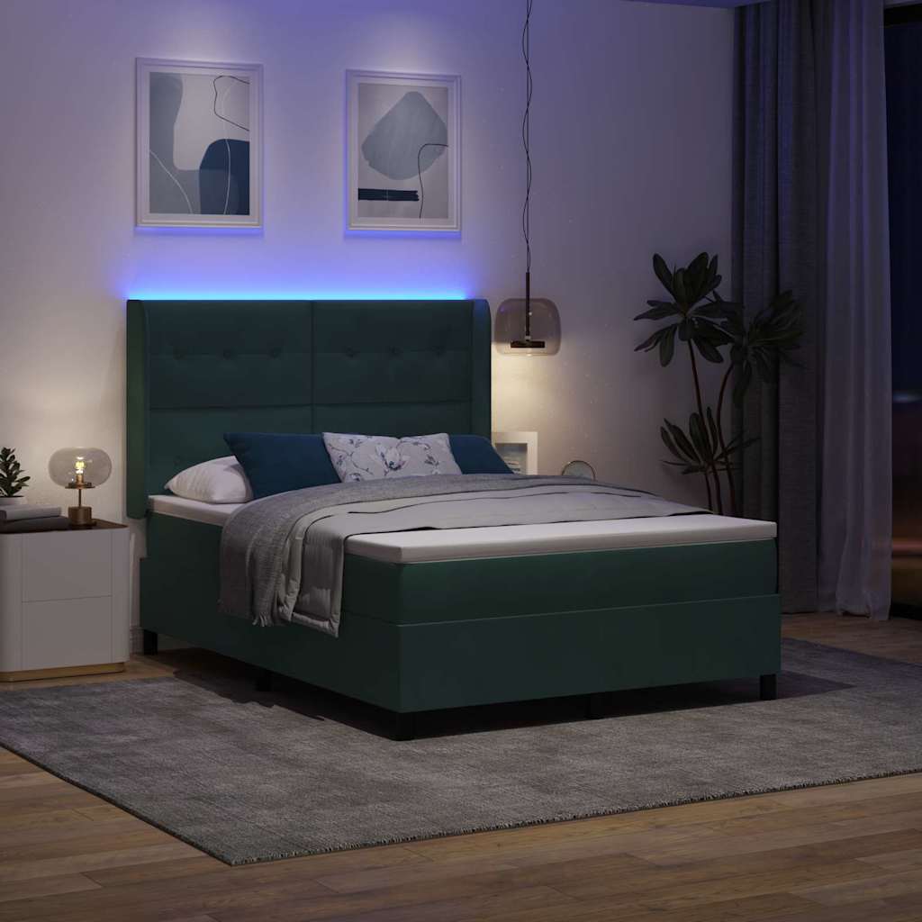 Boxrugós ágy matracmal leddel Sötétzöld 160 x 200 cm Bársony