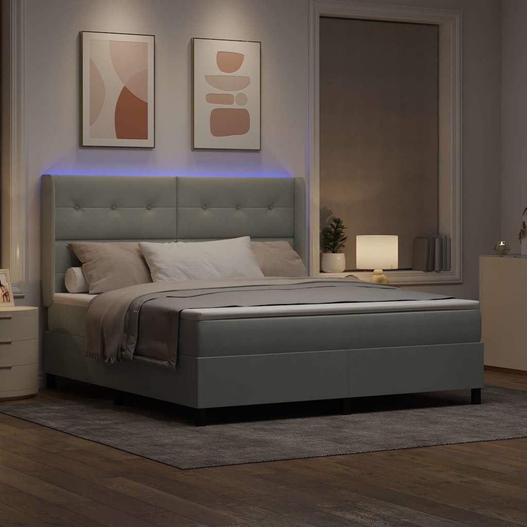 Boxrugós ágy LED szalagokkal Világosszürke 180 x 200 cm Bársony