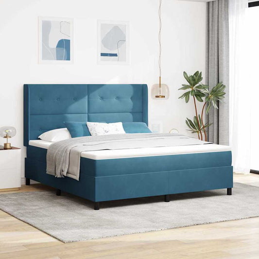 Boxrugós ágy matracmal leddel Kék 180 x 200 cm Bársony