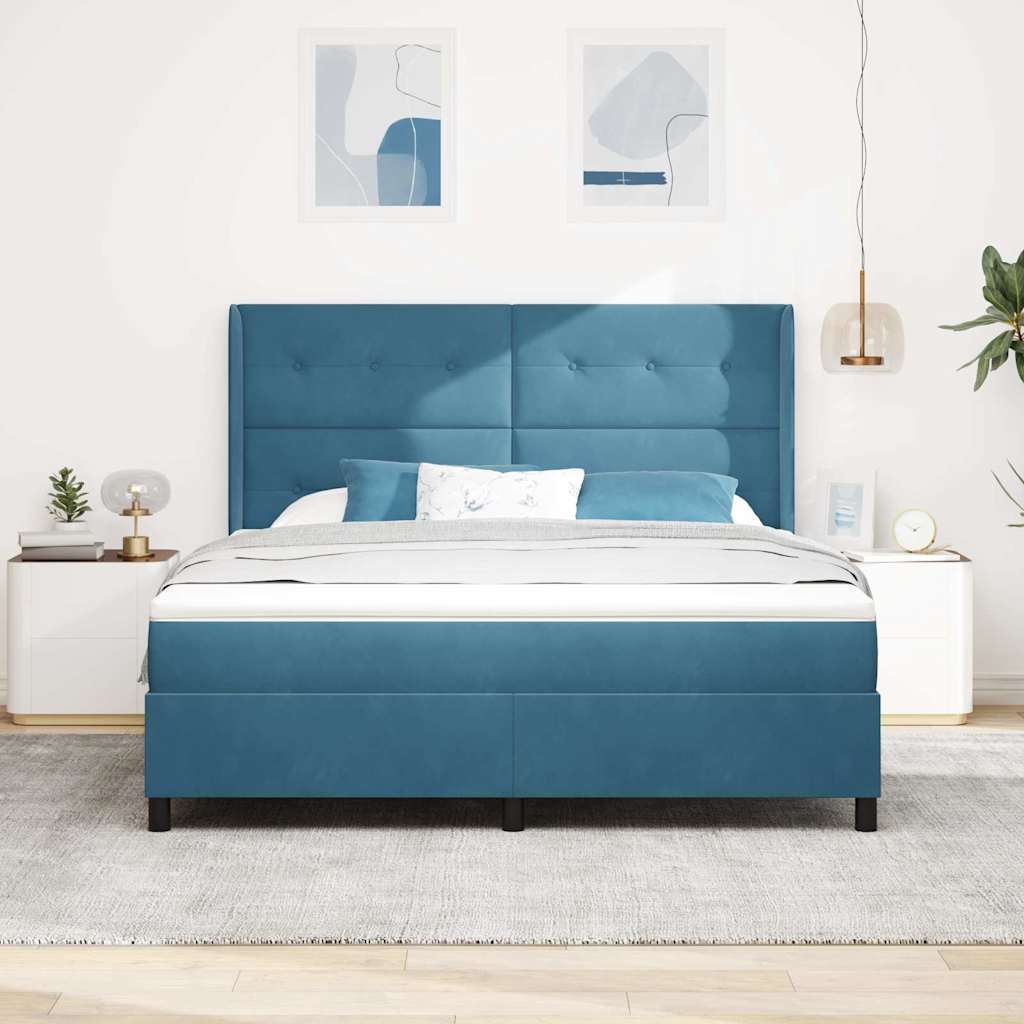 Boxrugós ágy matracmal leddel Kék 180 x 200 cm Bársony