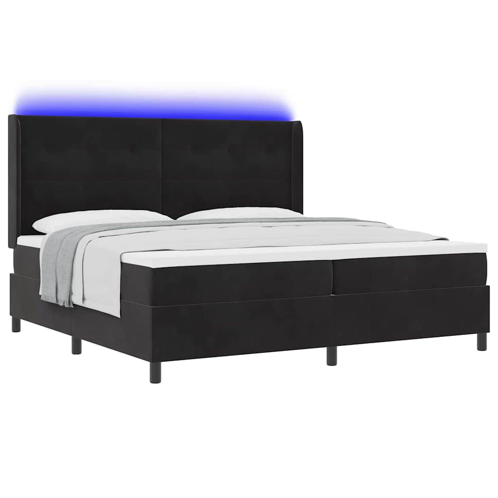 Boxrugós ágy matracmal leddel Fekete 200 x 200 cm Bársony