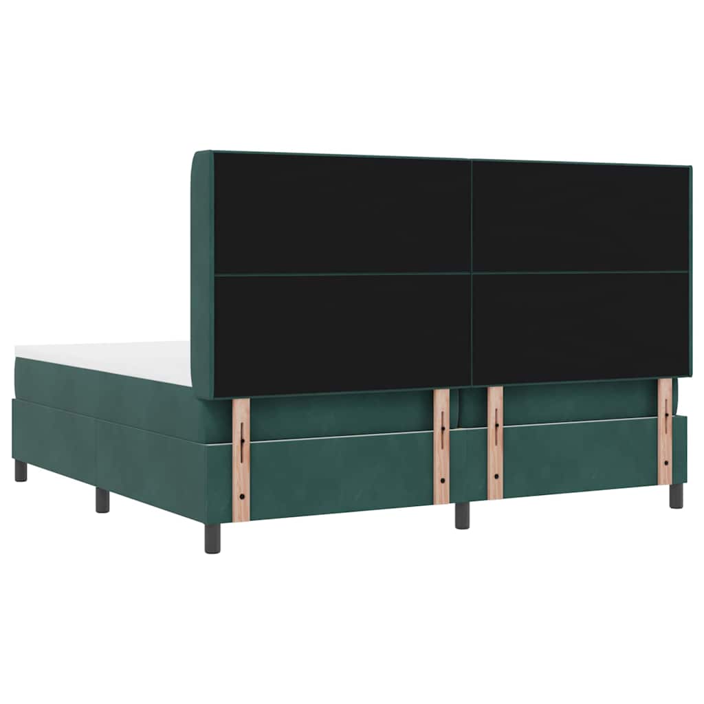 Boxrugós ágy LED szalagokkal Sötétzöld 200 x 200 cm Bársony