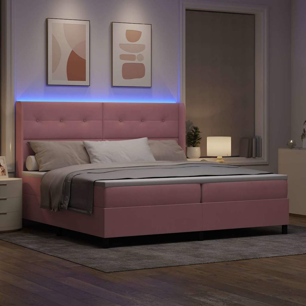 Boxrugós ágy LED szalagokkal Rózsaszín 200 x 200 cm Bársony