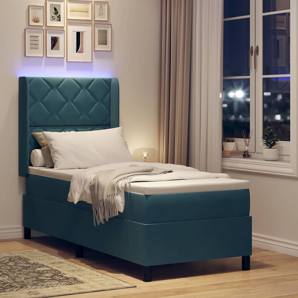 Boxrugós ágy LED szalagokkal Kék 80 x 200 cm Bársony