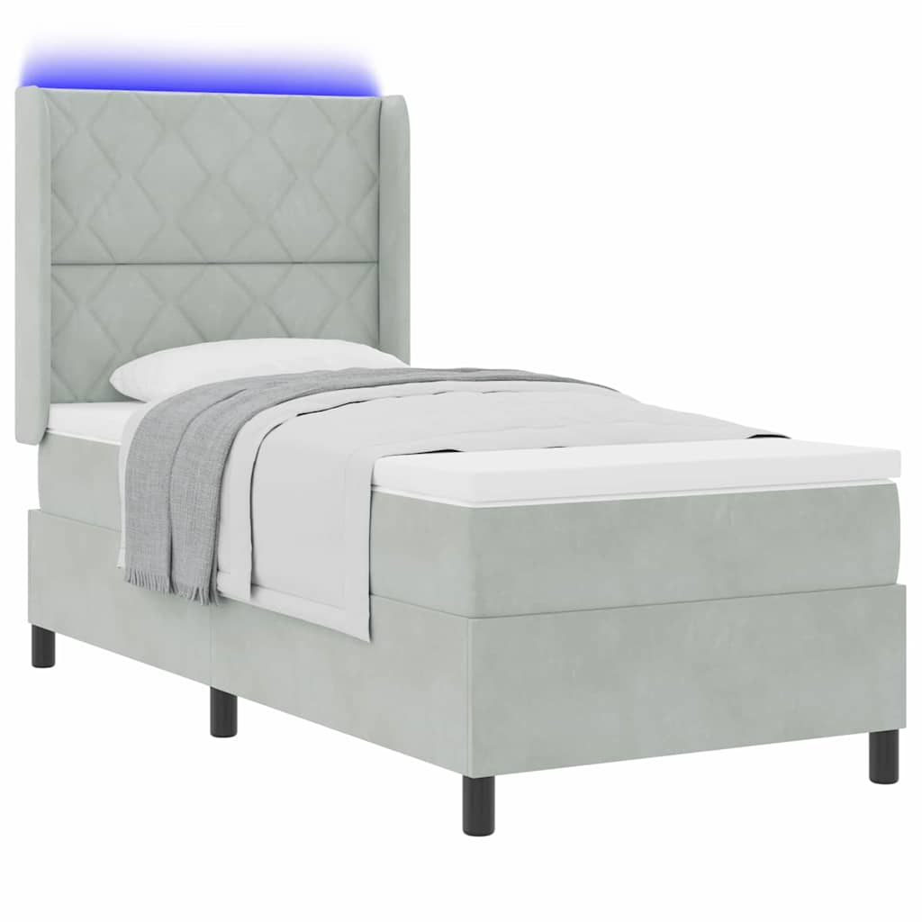 Boxrugós ágy LED szalagokkal Világosszürke 90 x 190 cm Bársony