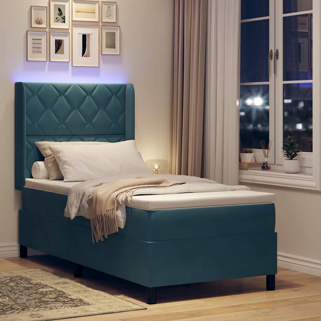 Boxrugós ágy LED szalagokkal Kék 90 x 190 cm Bársony