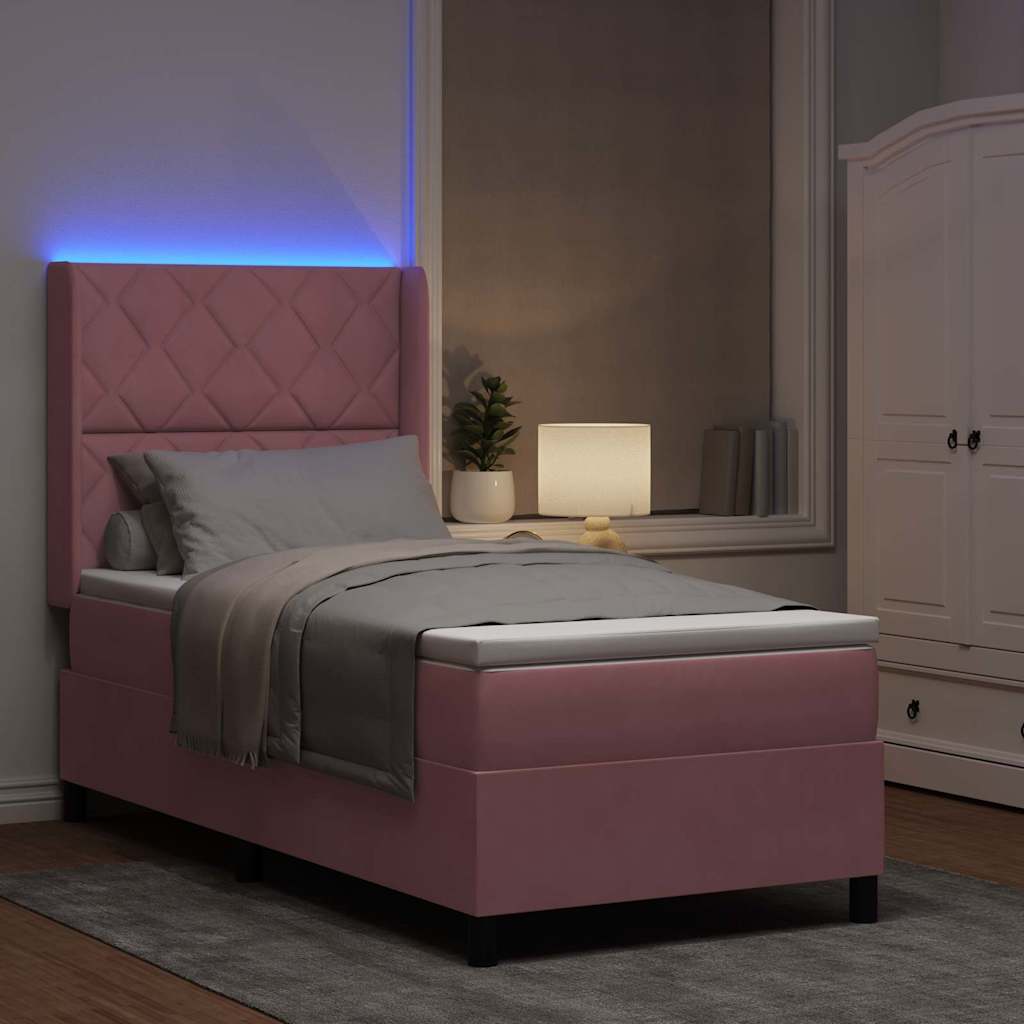 Boxrugós ágy LED szalagokkal Rózsaszín 90 x 190 cm Bársony