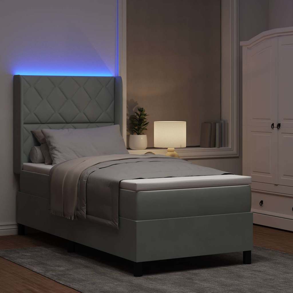 Boxrugós ágy LED szalagokkal Világosszürke 90 x 200 cm Bársony