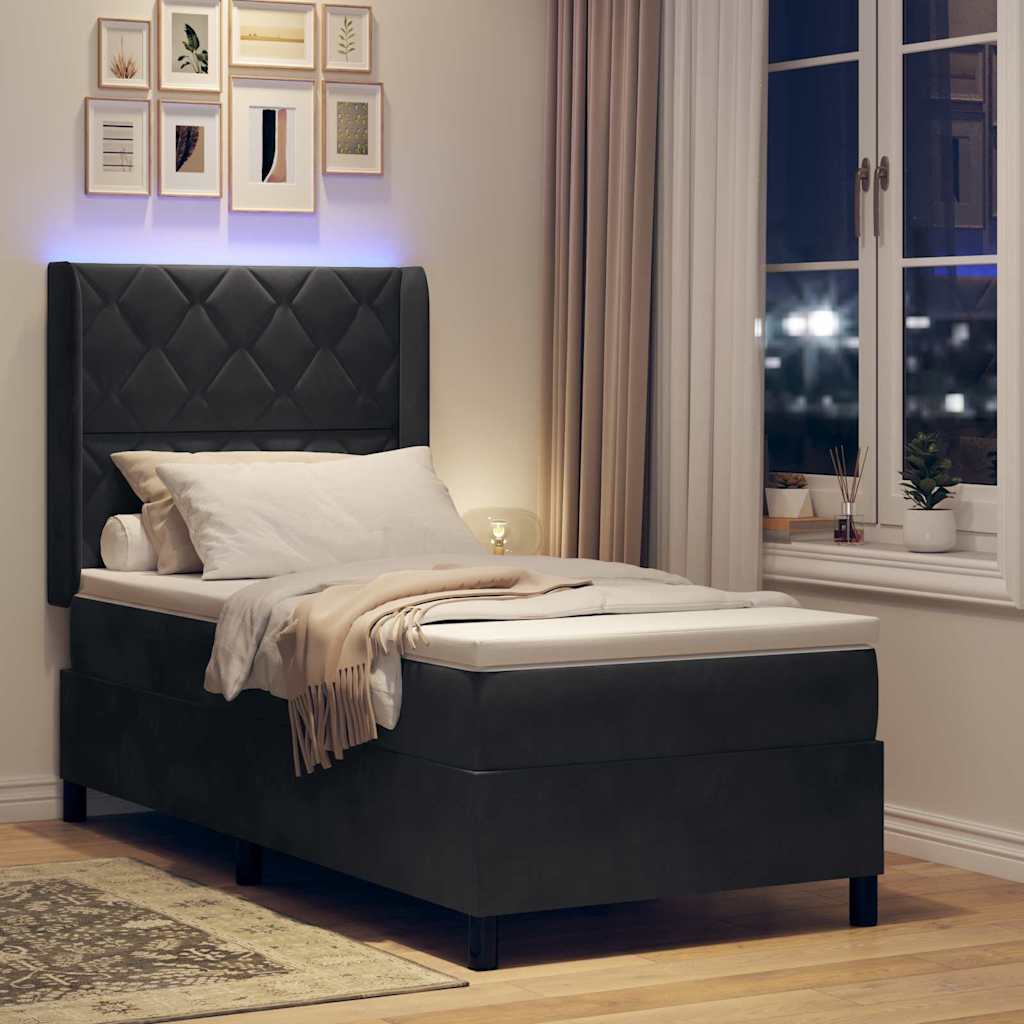 Boxrugós ágy LED szalagokkal Fekete 90 x 200 cm Bársony