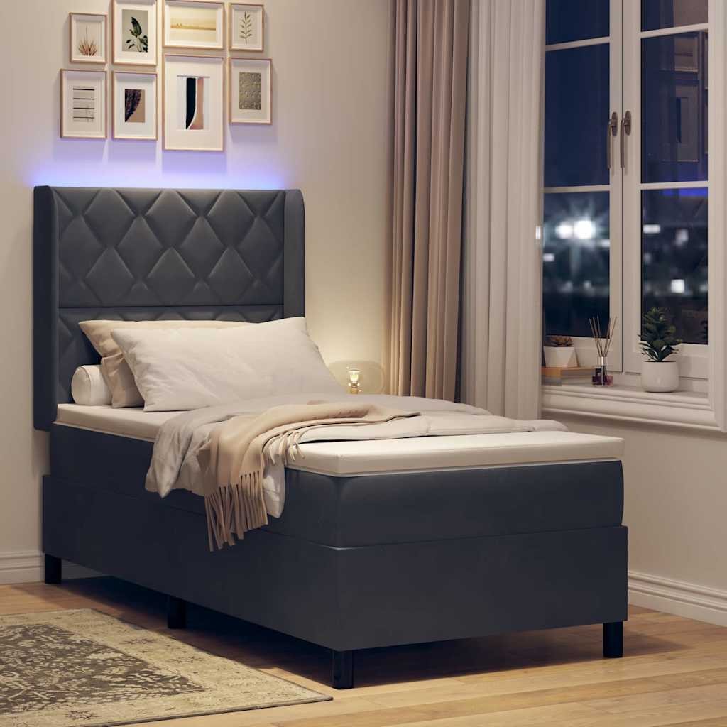 Boxrugós ágy LED szalagokkal Sötétszürke 100 x 200 cm Bársony