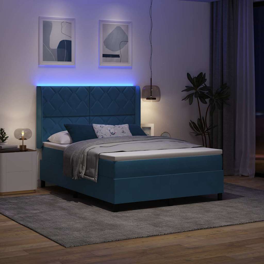 Boxrugós ágy LED szalagokkal Kék 140 x 200 cm Bársony