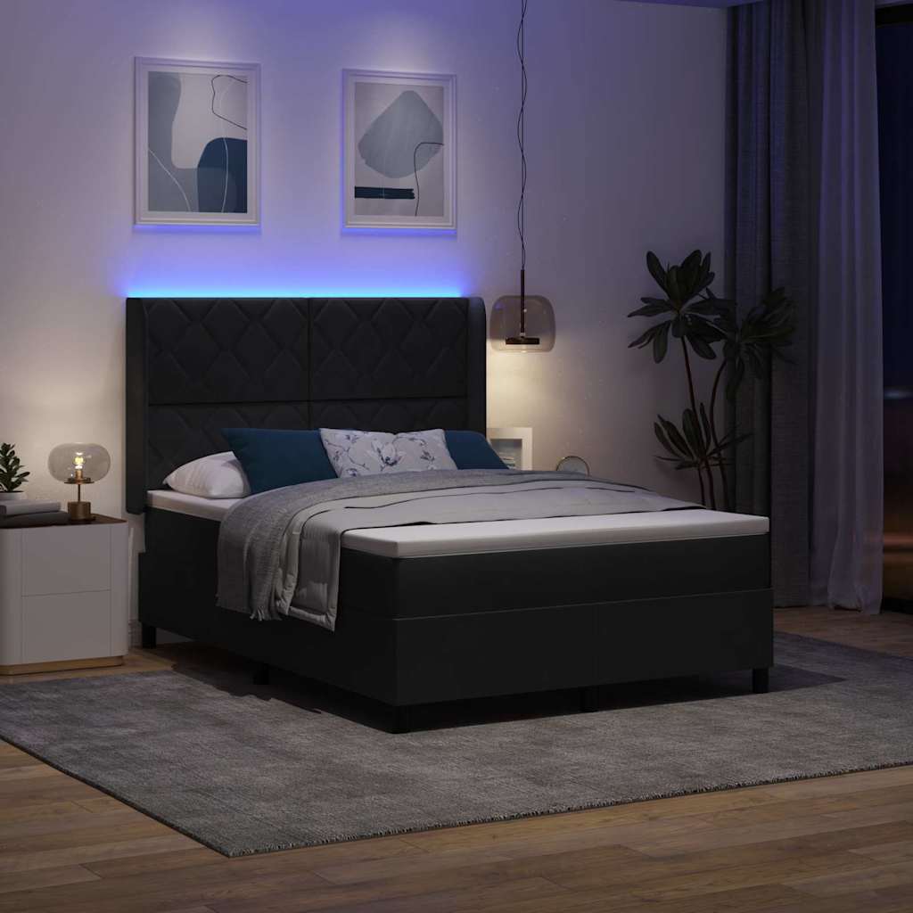Boxrugós ágy LED szalagokkal Fekete 160 x 200 cm Bársony
