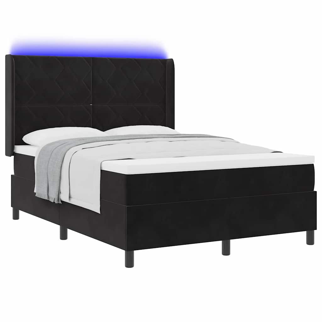 Boxrugós ágy LED szalagokkal Fekete 160 x 200 cm Bársony