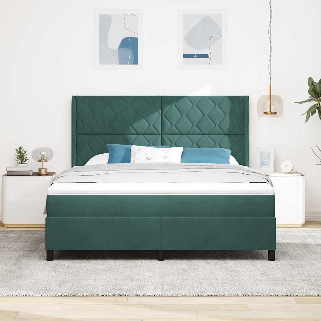 Boxrugós ágy LED szalagokkal Sötétzöld 180 x 200 cm Bársony