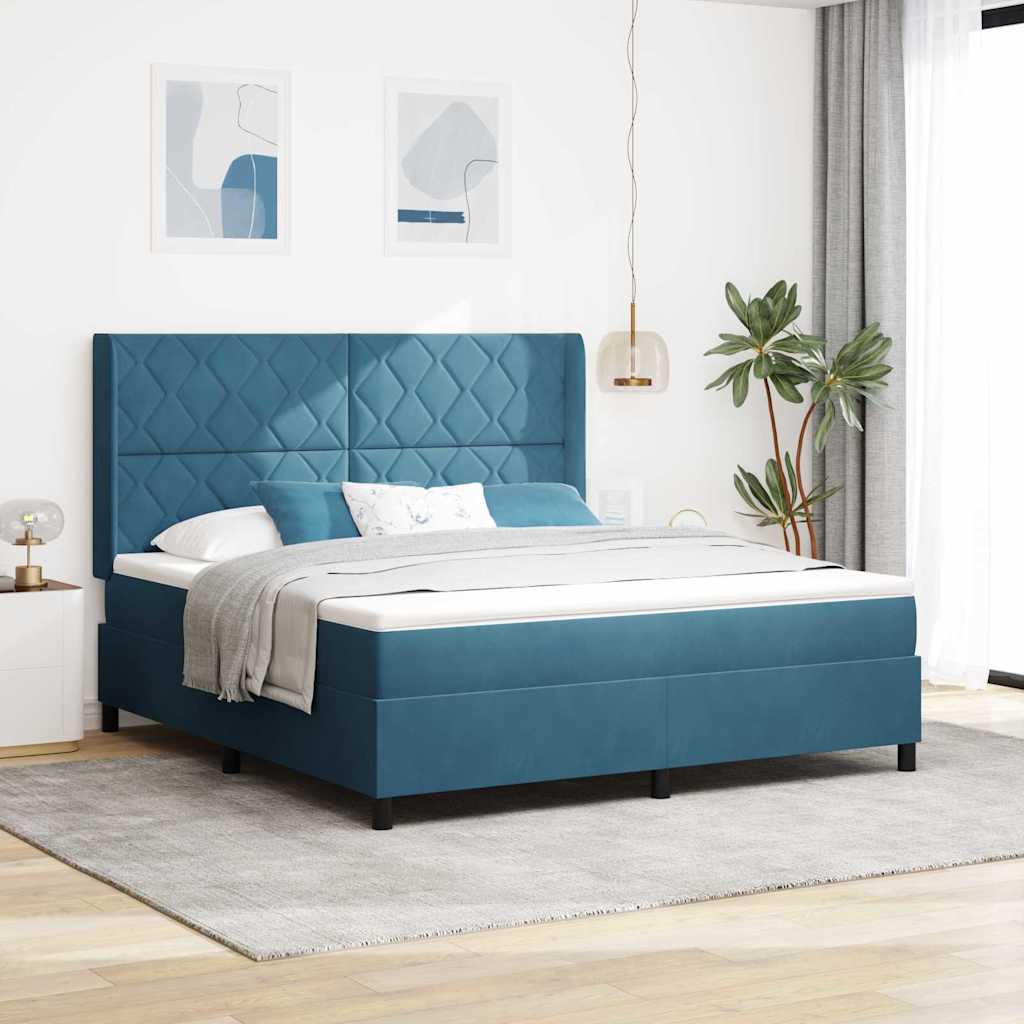 Boxrugós ágy LED szalagokkal Kék 180 x 200 cm Bársony