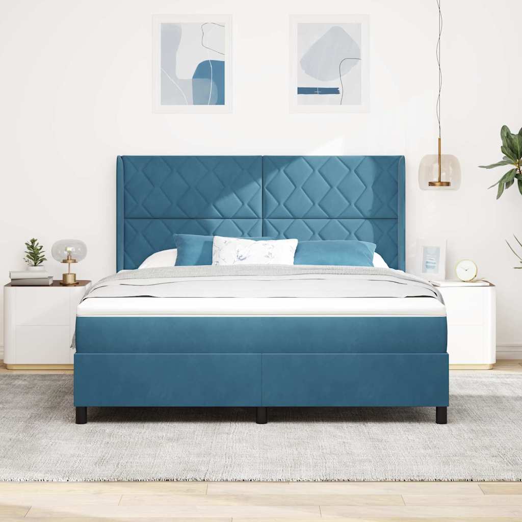 Boxrugós ágy LED szalagokkal Kék 180 x 200 cm Bársony