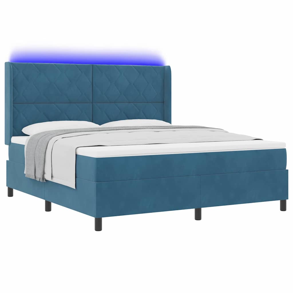 Boxrugós ágy LED szalagokkal Kék 180 x 200 cm Bársony