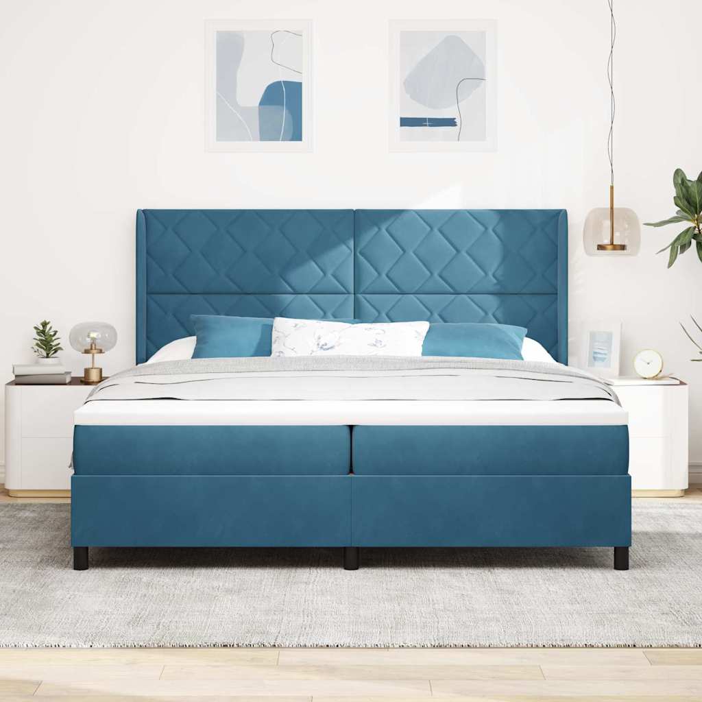 Boxrugós ágy LED szalagokkal Kék 200 x 200 cm Bársony