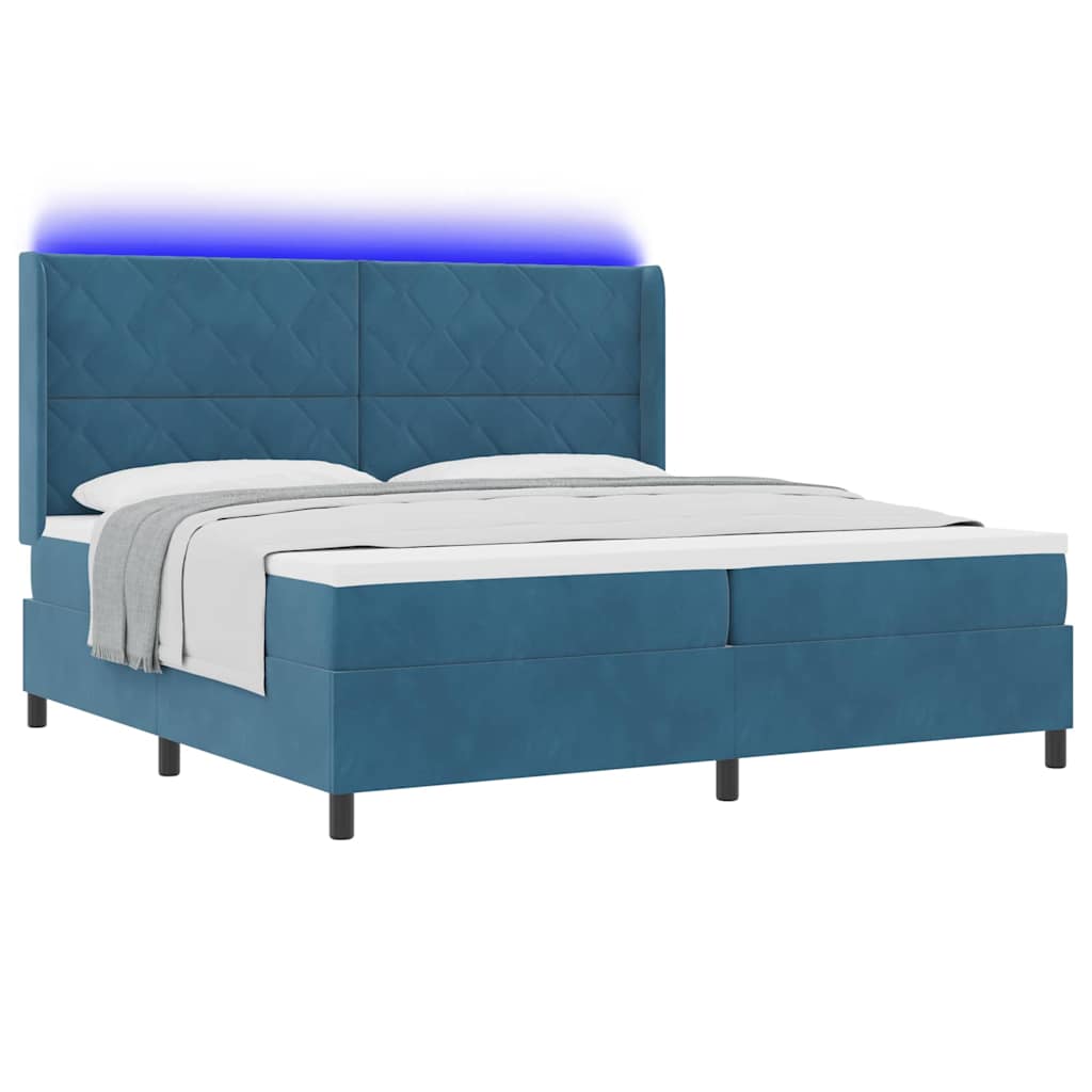 Boxrugós ágy LED szalagokkal Kék 200 x 200 cm Bársony