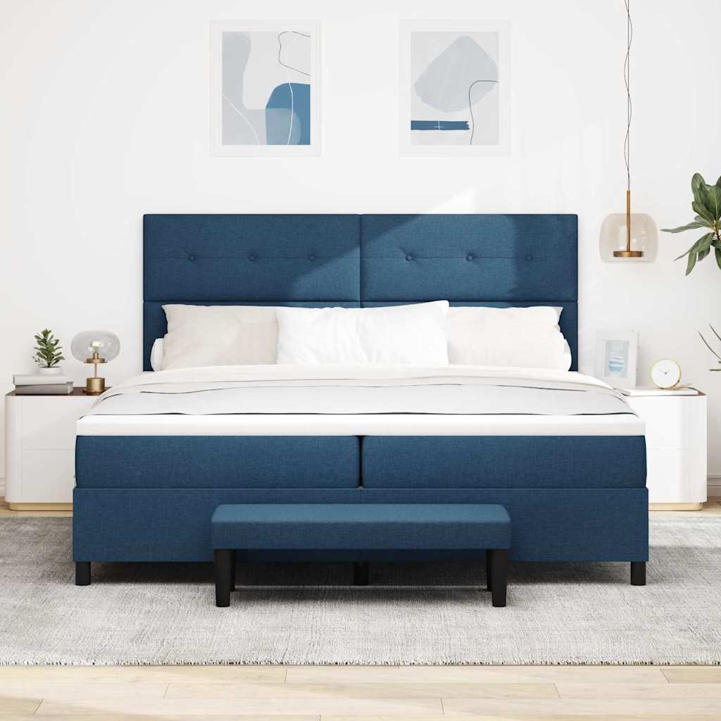 Boxrugós ágy fejtámlával Kék 200 x 200 cm szövet