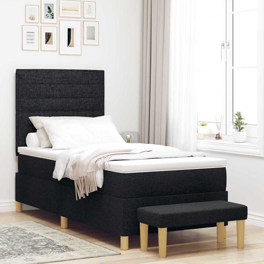 Boxrugós ágy fejtámlával Fekete 200 x 90 cm szövet