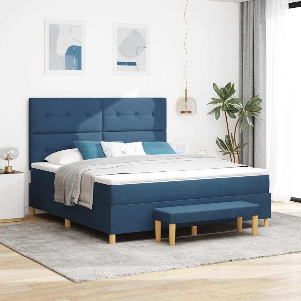 Boxrugós ágy párnával fejtámlával Kék 200 x 180 cm szövet