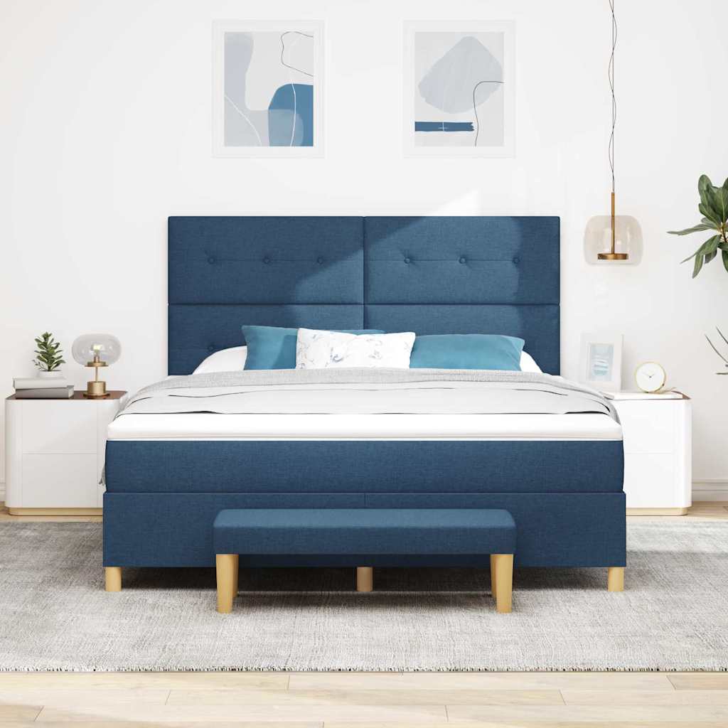 Boxrugós ágy párnával fejtámlával Kék 200 x 180 cm szövet