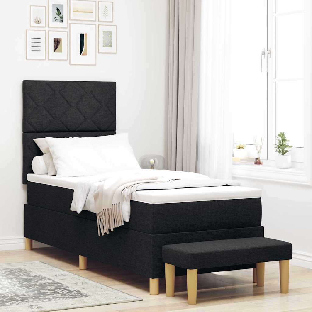 Boxrugós ágy párnával fejtámlával Fekete 200 x 80 cm szövet